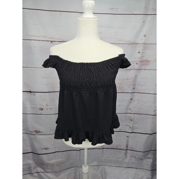 Y2K Deb Shops Black Smocked Off Shoulder Babydoll Swing Top Shirt MEDIUM 2000s - Picture 3 of 4